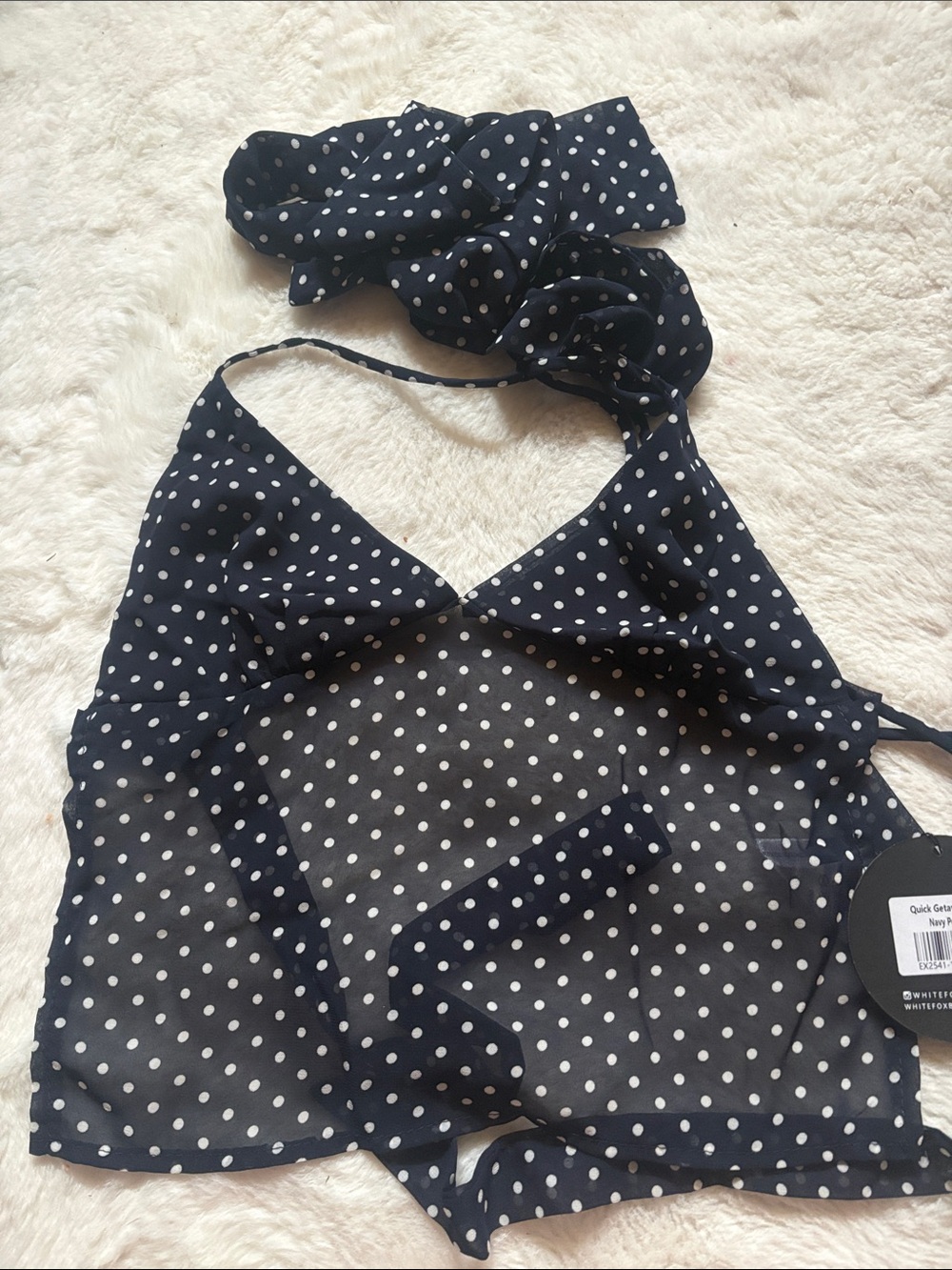 White Fox Boutique Navy and White Polka Dot Halter Top with Scarf Detail